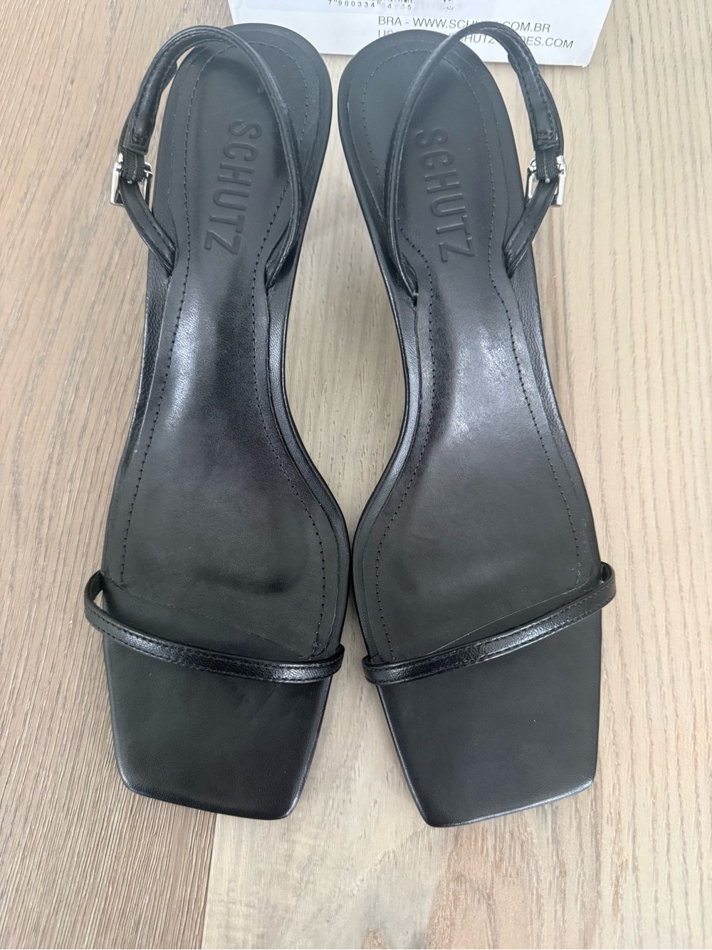 SCHUTZ Black Leather Square-Toe Slingback Sandals